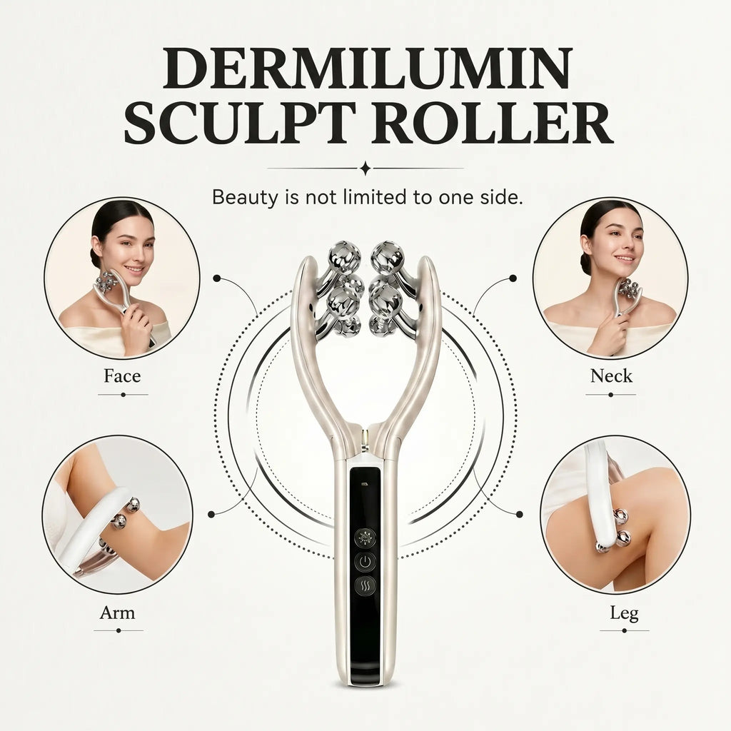 Dermilumin Sculpt Roller beauty device, demonstrating use on the face, neck, arm, and leg.