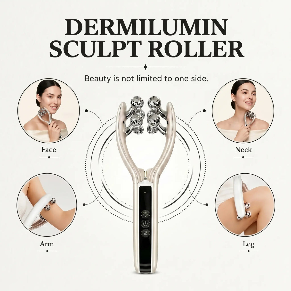 Dermilumin Sculpt Roller beauty device, demonstrating use on the face, neck, arm, and leg.