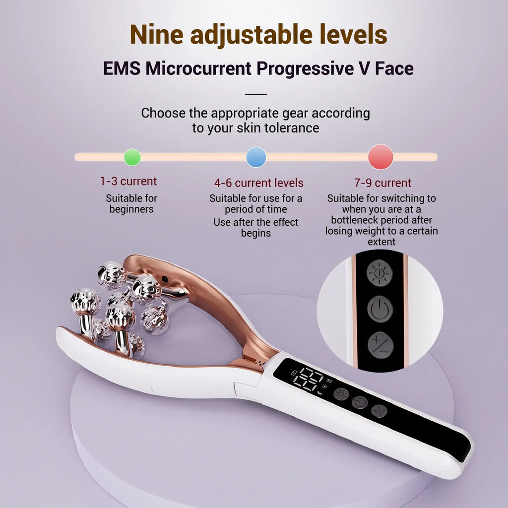 Dermilumin roller with adjustable metal rollers and a digital handle, nine adjustable levels and a circular inset of the control panel.