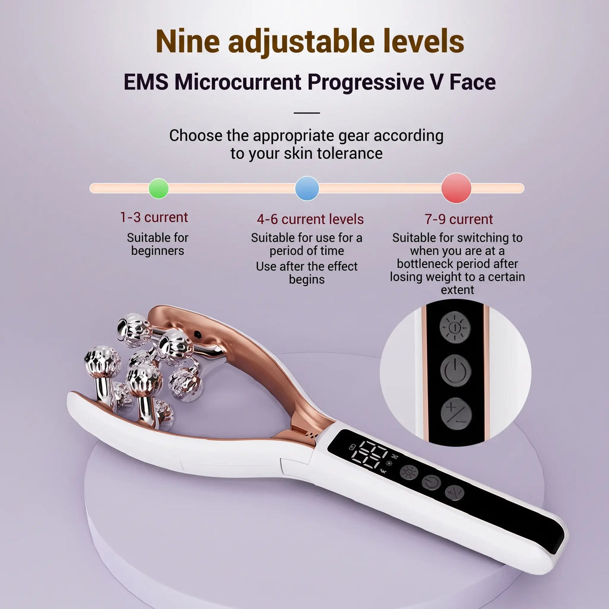 Dermilumin roller with adjustable metal rollers and a digital handle, nine adjustable levels and a circular inset of the control panel.