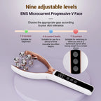 Dermilumin roller with adjustable metal rollers and a digital handle, nine adjustable levels and a circular inset of the control panel.